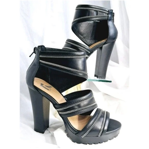 Report Gael Black Zipper Faux Leather Strappy Chunky Platform Heels Size 7.5 - Picture 1 of 4